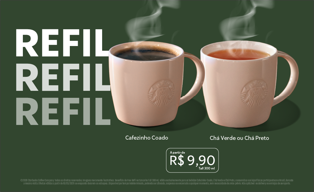 Seu café, sem pressa: Refil à vontade em loja. Seu café, sem pressa: Refil à vontade em loja.